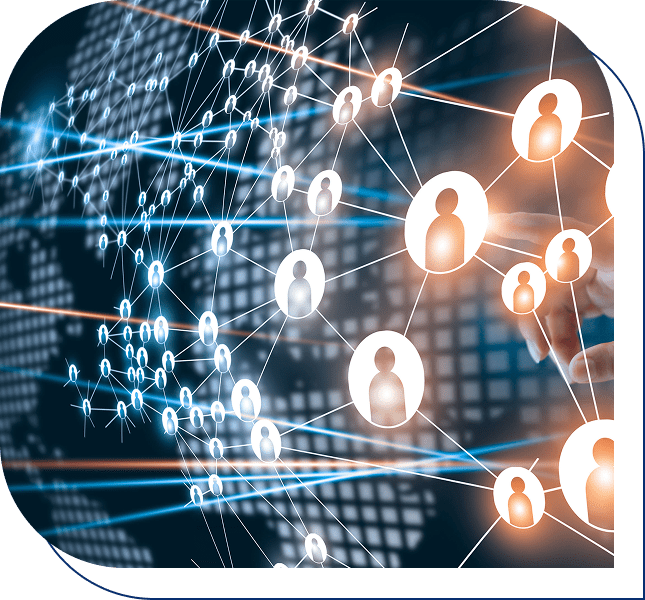 2 Digital network with interconnected people icons.